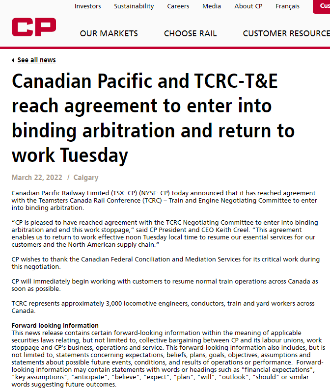 停止罢工，有序恢复 | 加拿大太平洋铁路公司和TCRC工会成功达成协议